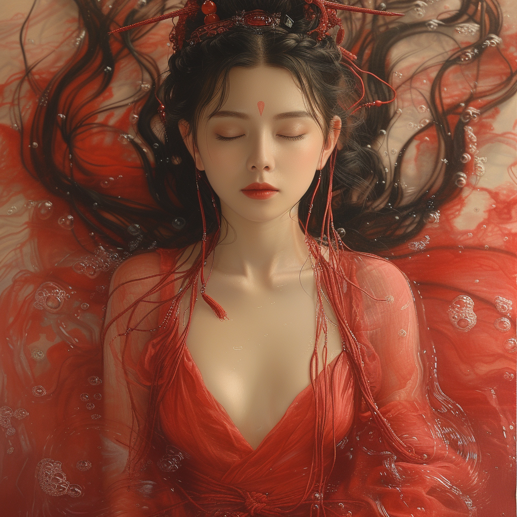 Meditating Chinese Woman in Red Outfit