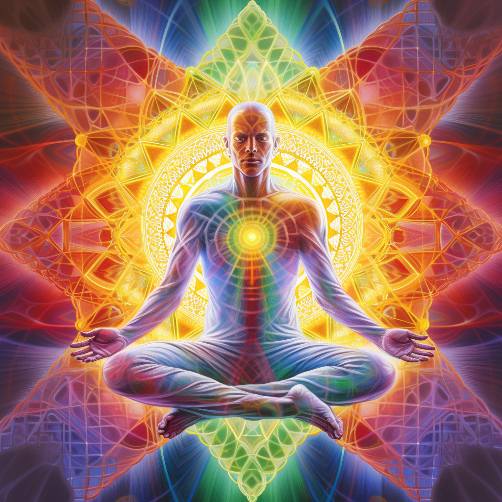 Meditating man with vibrant chakras