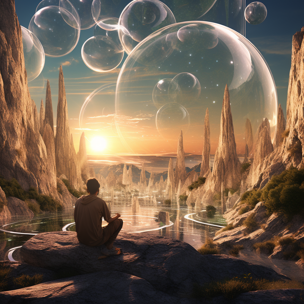 Meditation in futuristic landscape