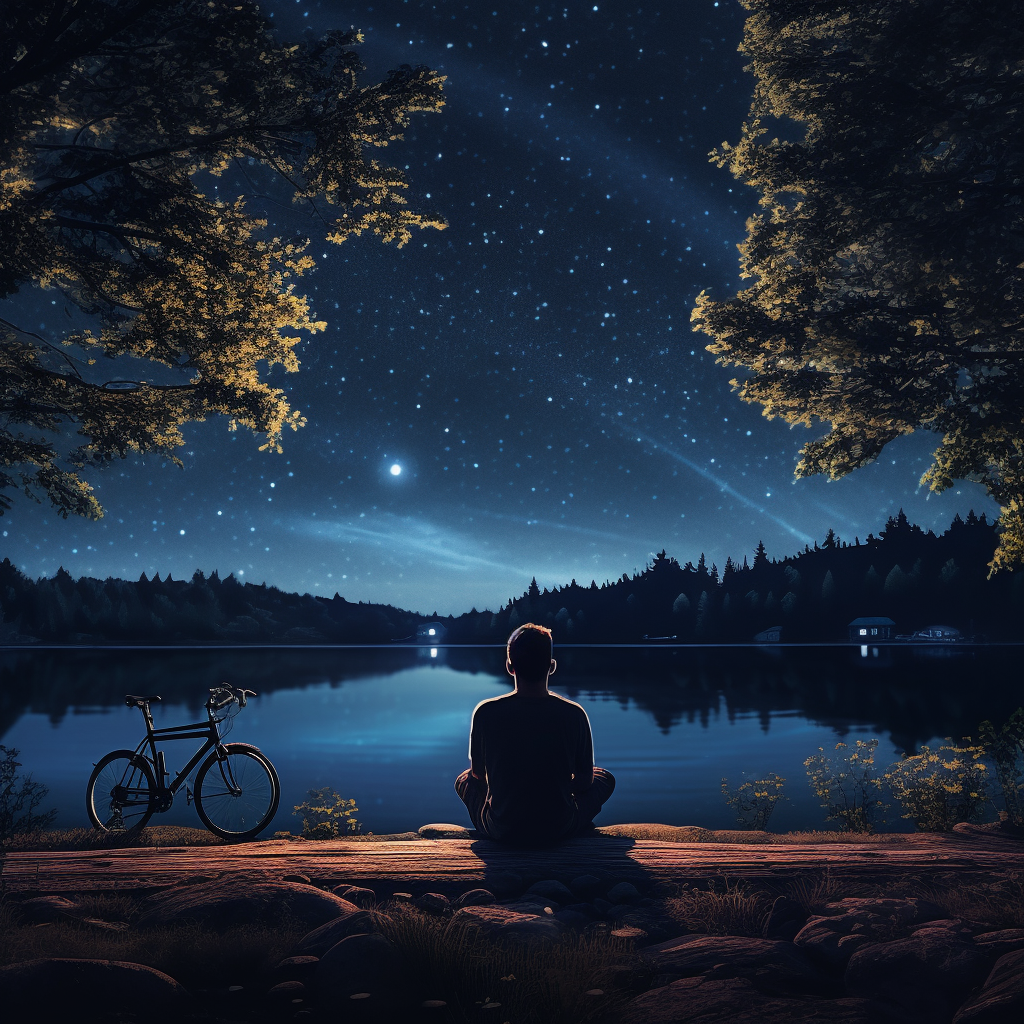 Man meditating by the lake with bike