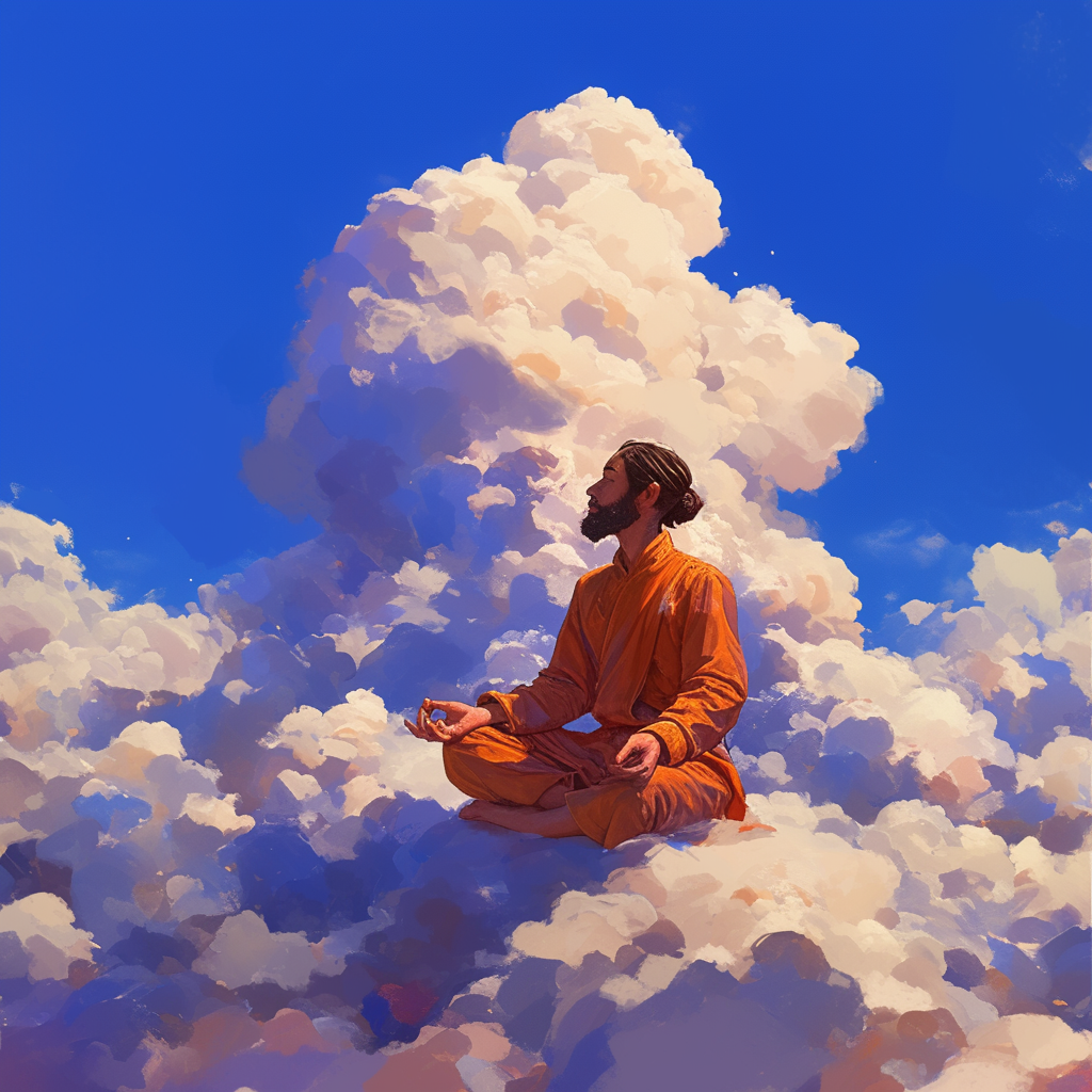 man meditating on clouds painting