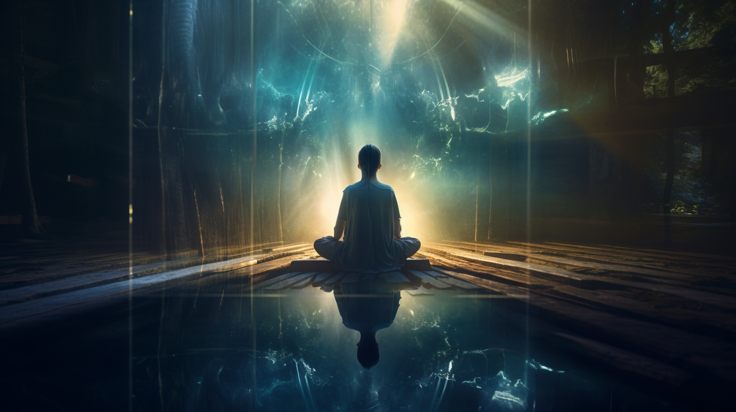 Meditator gazing into mirror with mystical light