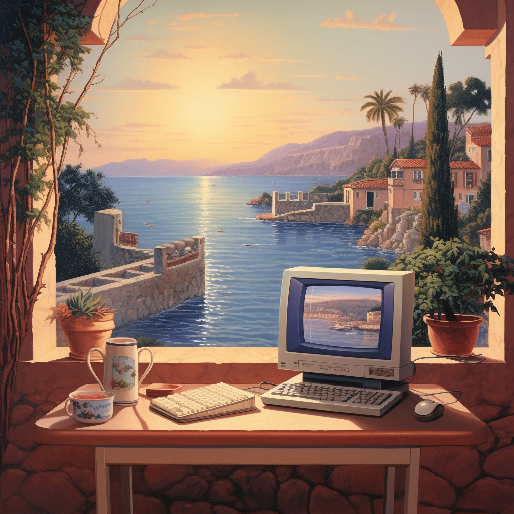 Computer overlooking Mediterranean architecture