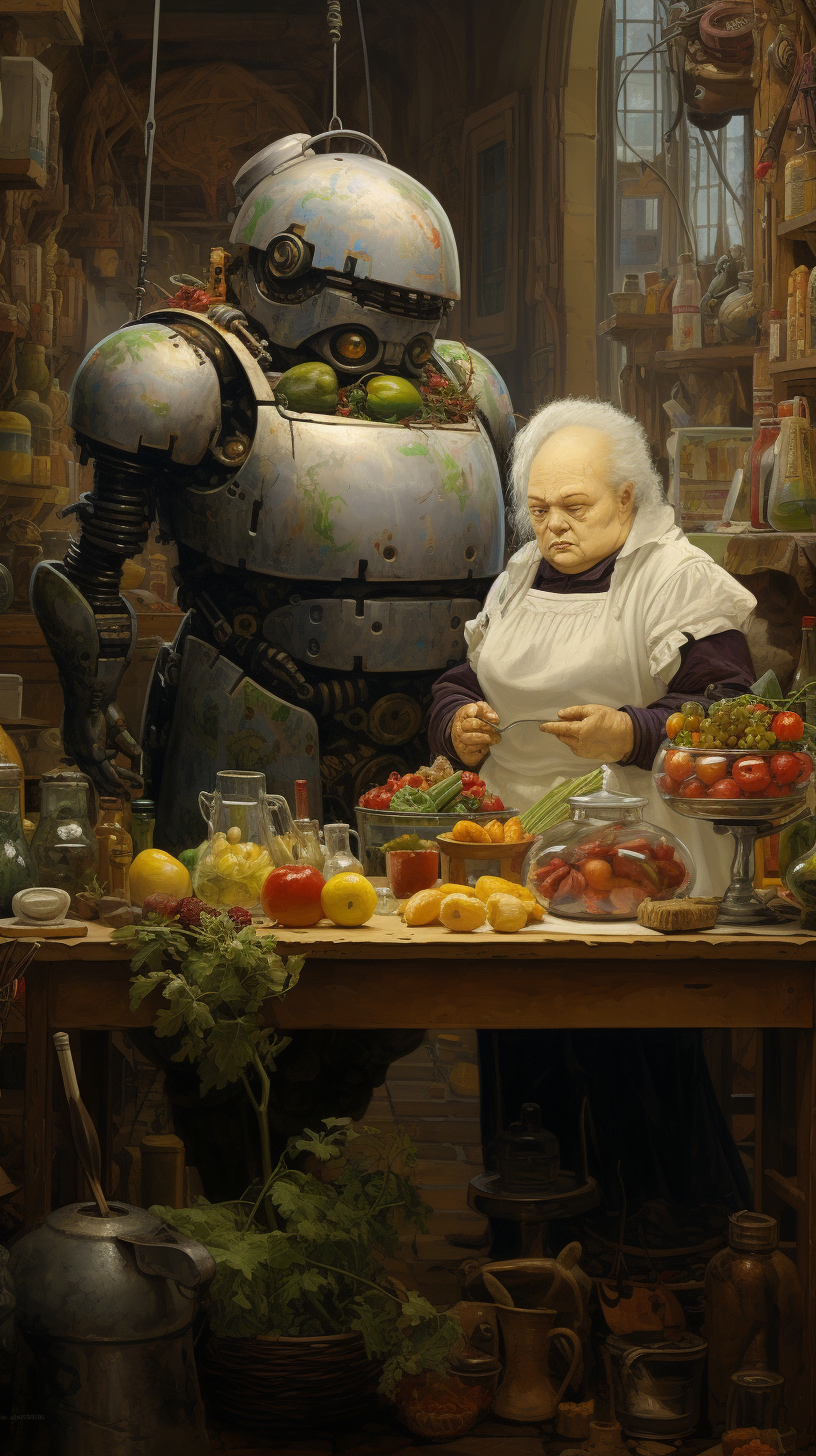 Fat lady and robot preparing Mediterranean cuisine