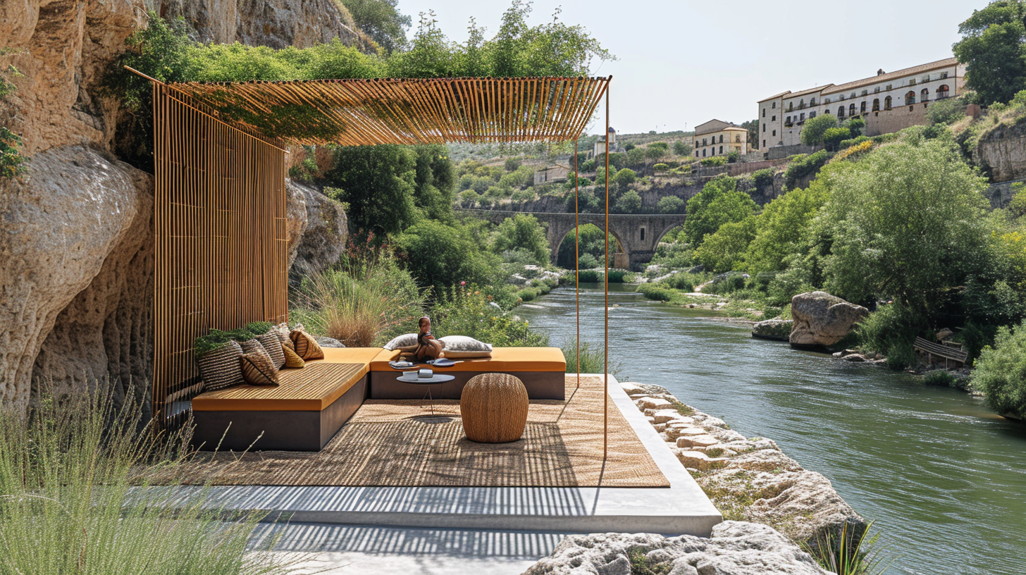 Minimalist pergola with people resting near river in Toledo