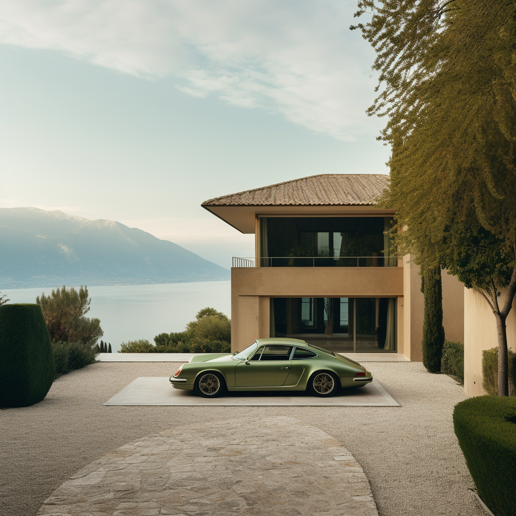 Beautiful Mediterranean architecture with olive green Porche