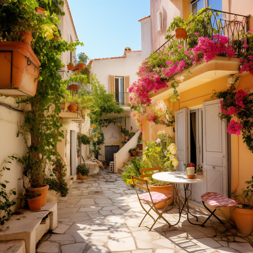 Colorful Mediterranean Home with Flowers and Plants