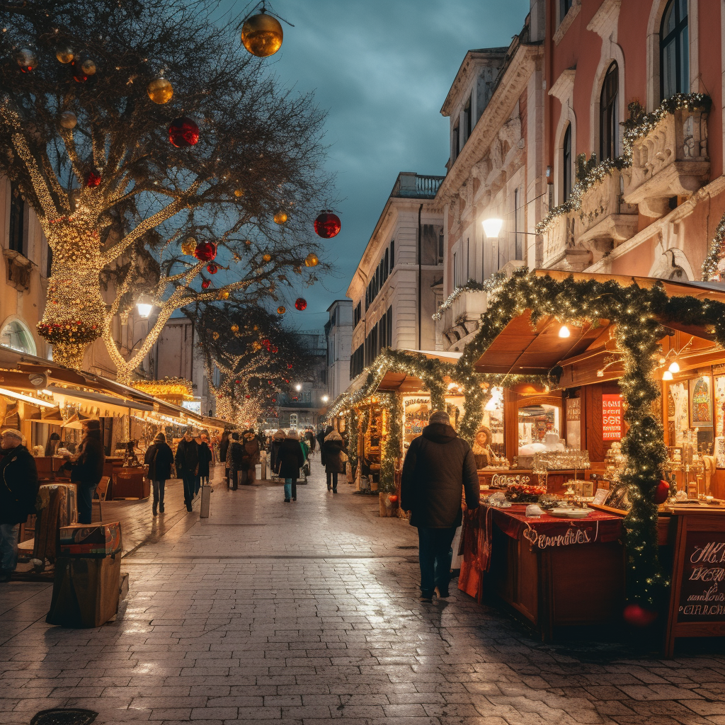 Colorful Christmas market in Mediterranean town