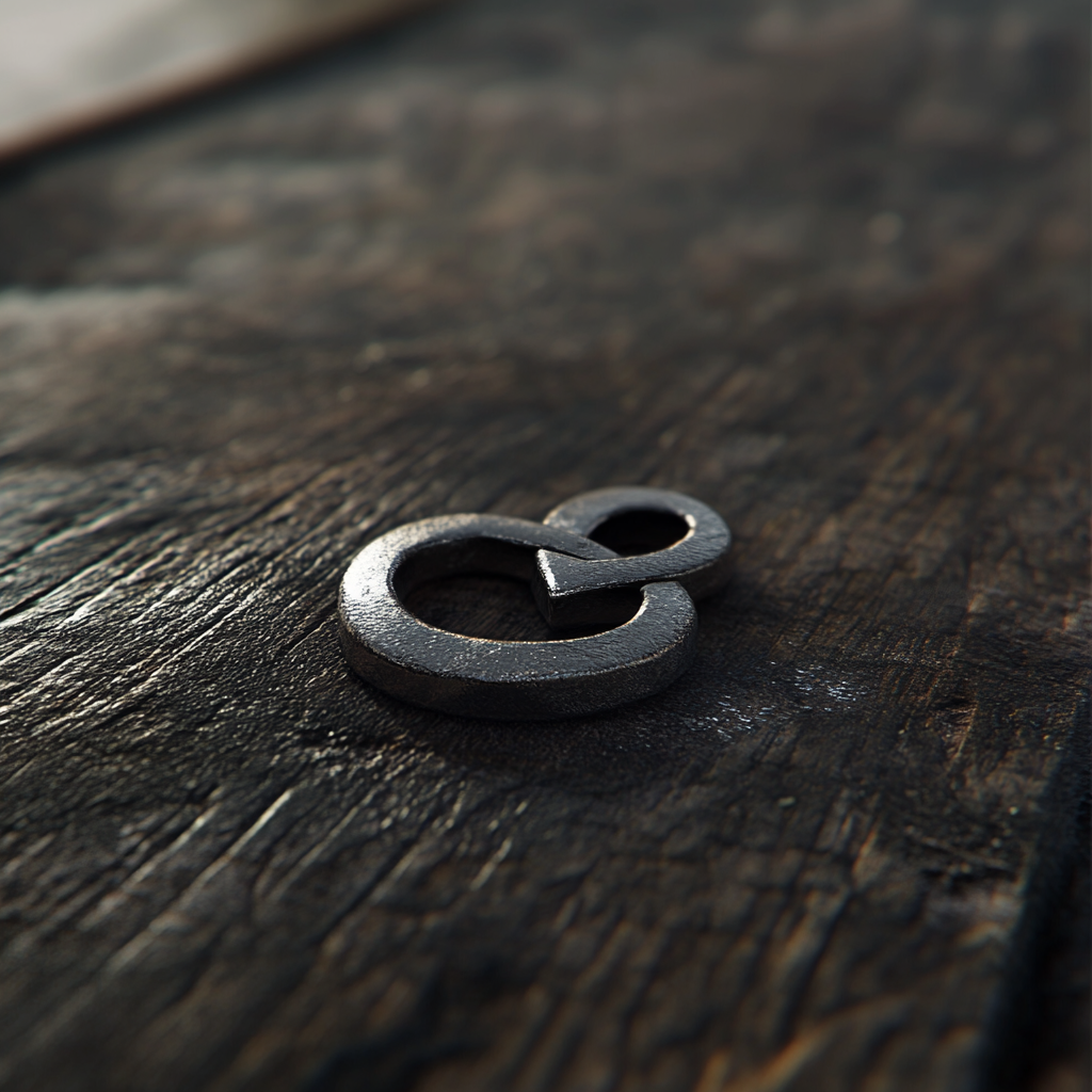 metal infinity symbol token on wooden floor close up