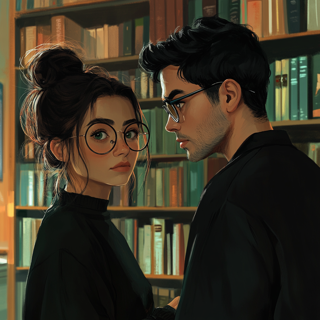 mexican woman with messy bun and round glasses gazes at man in library