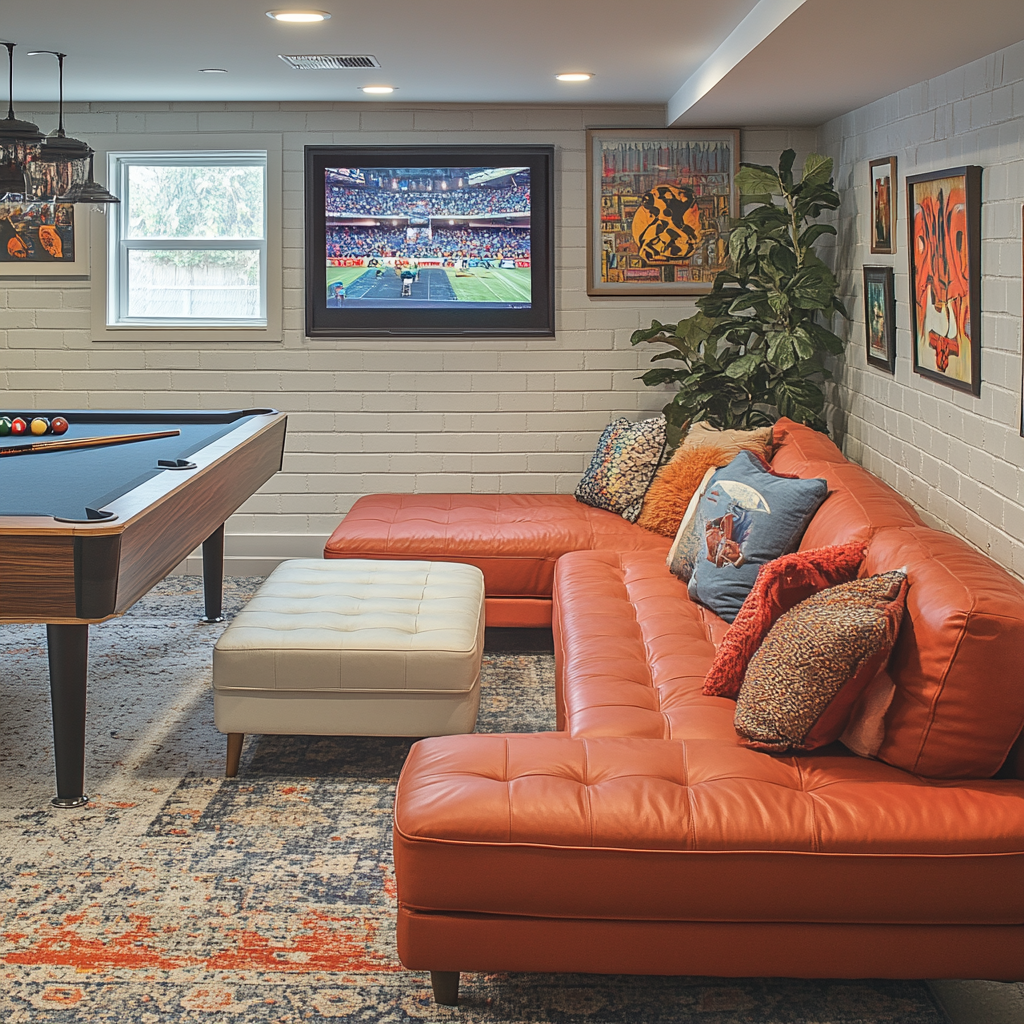 Mid Century Basement Room with Bar, Couch, Pool Table