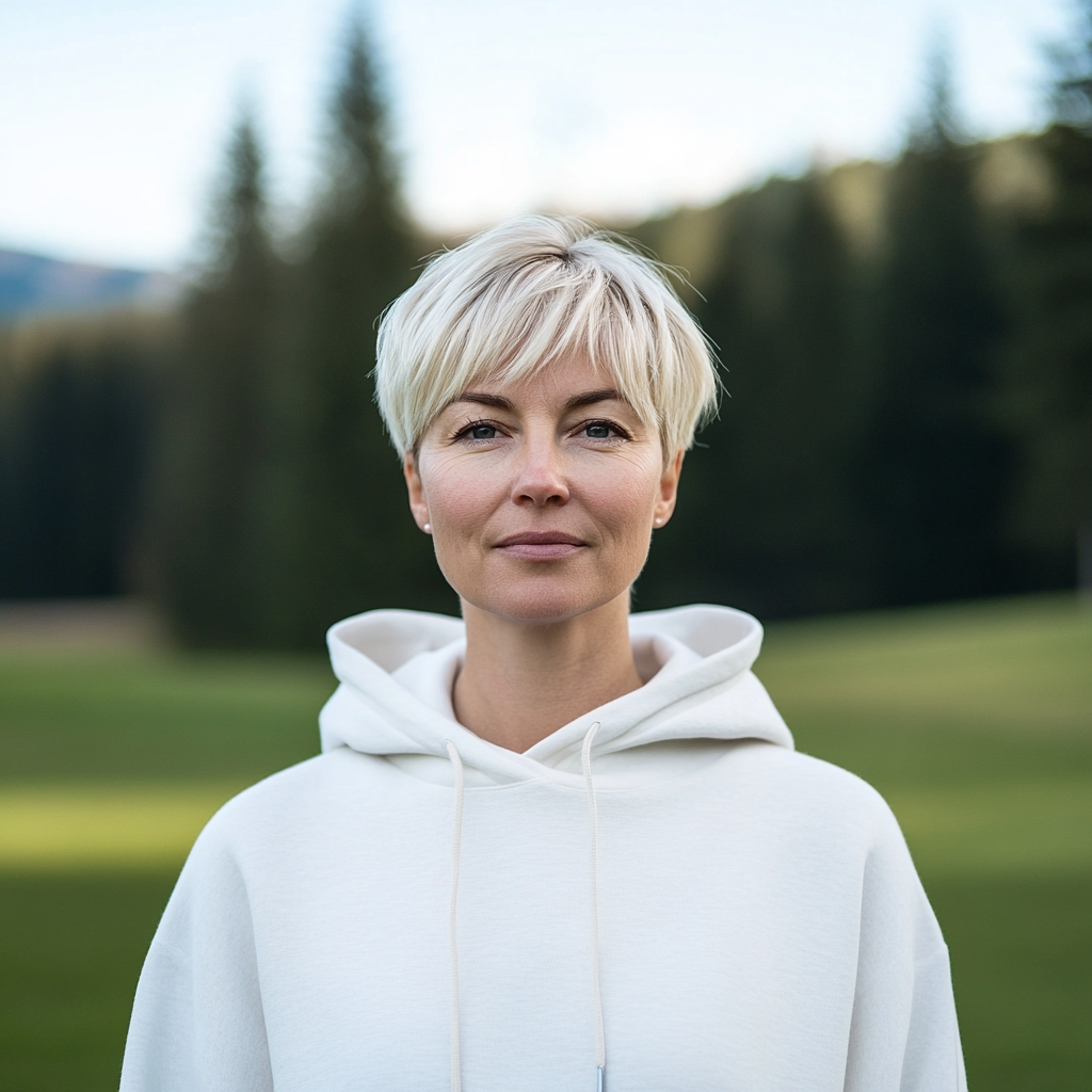 Caucasian woman in white hoody