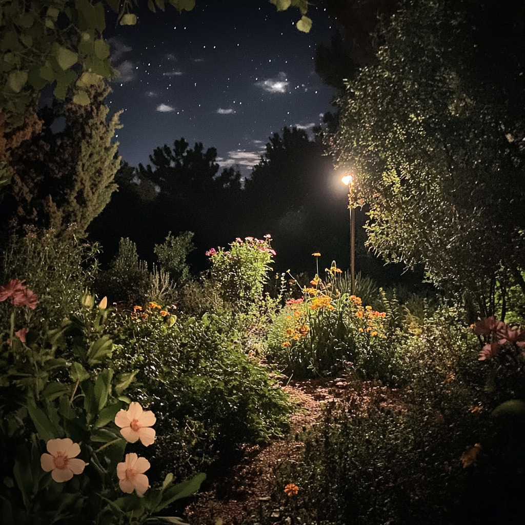 Peaceful garden under moonlight