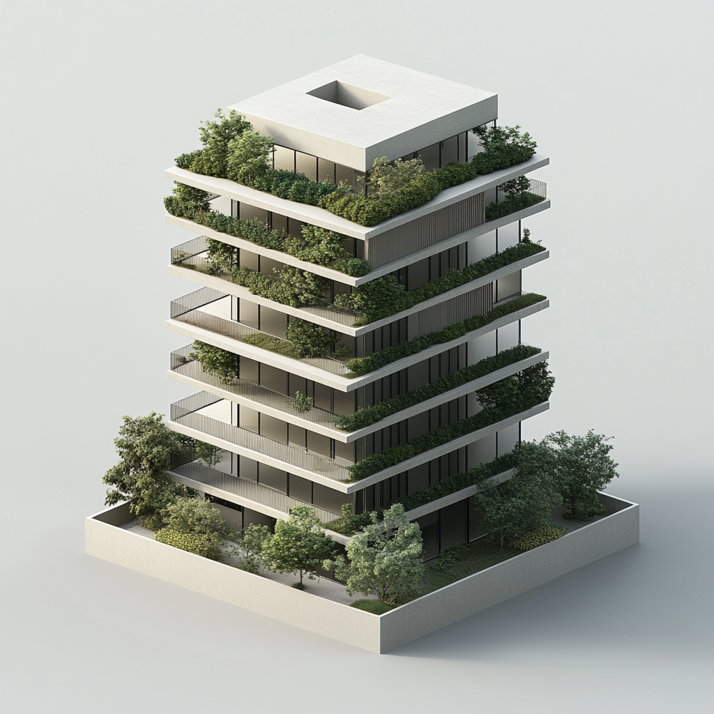 Isometric photo of minimalist green building