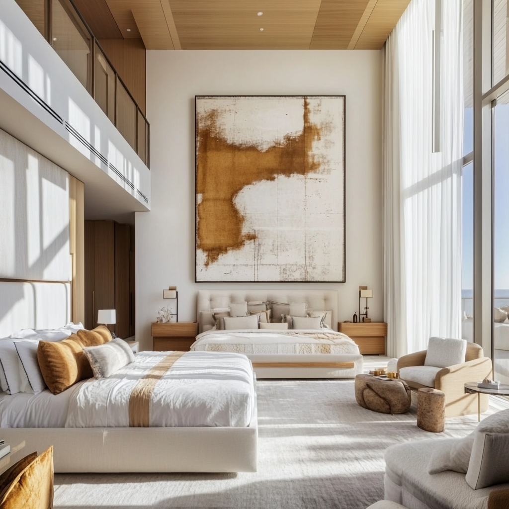 Modern luxurious bedroom with high ceilings