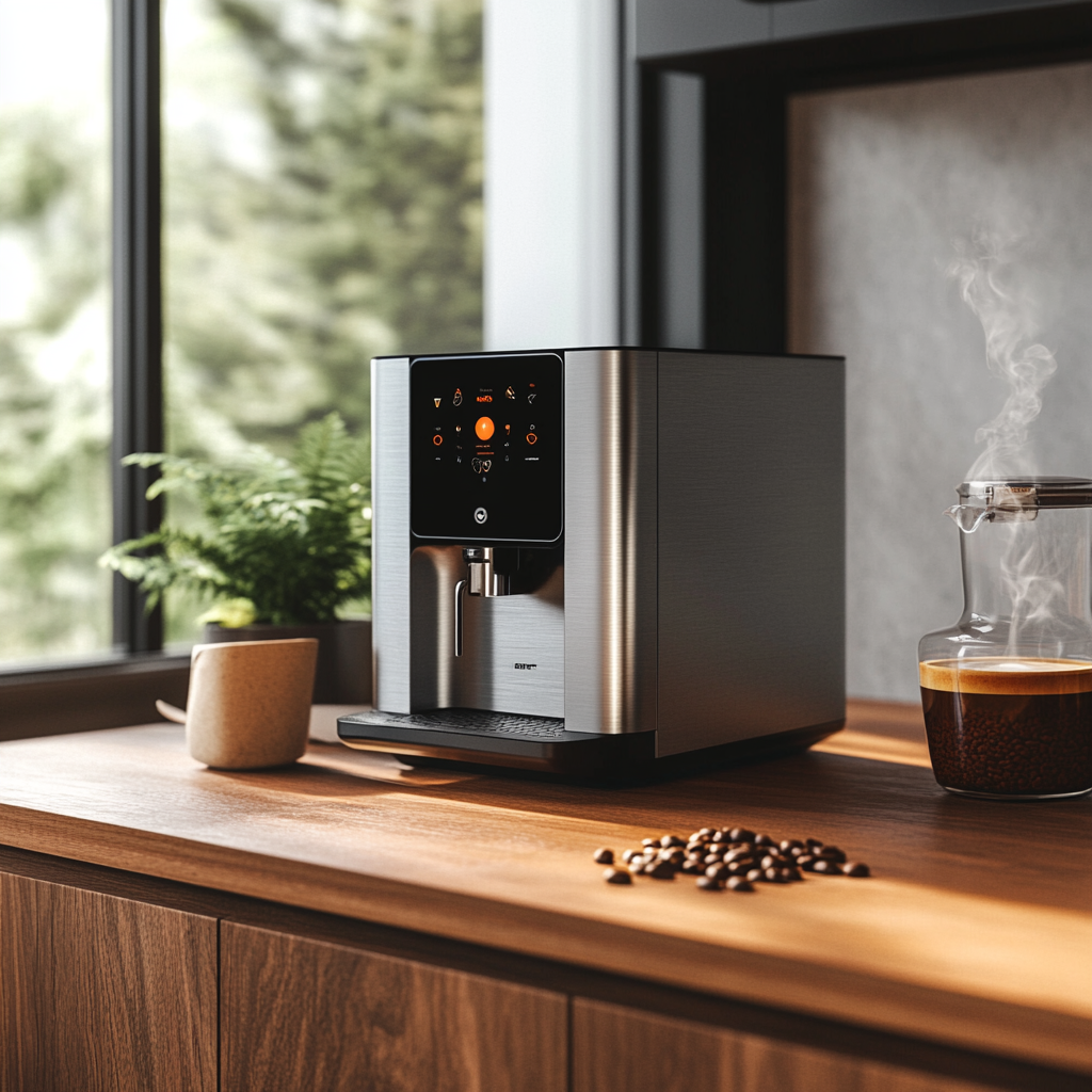 modern coffee machine on wooden countertop