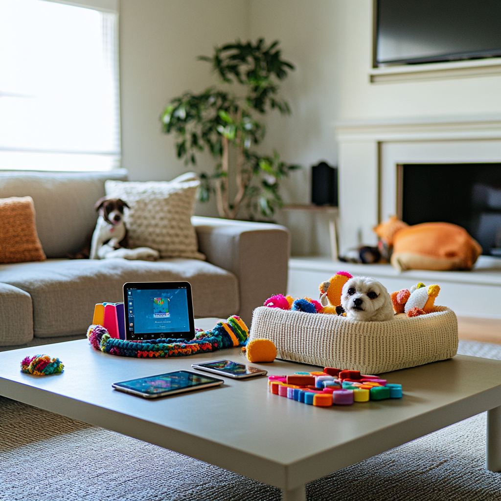 Modern living room with pet care items