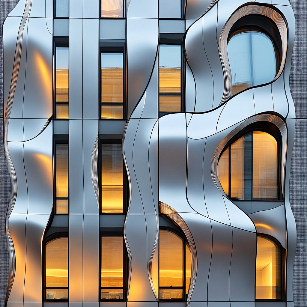 modern urban building with wavy façade design, golden light.