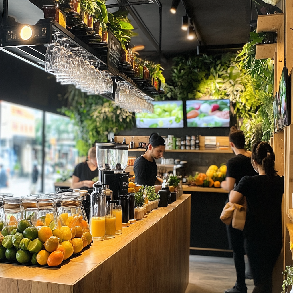 Workers blending fruits in vegan juicebar