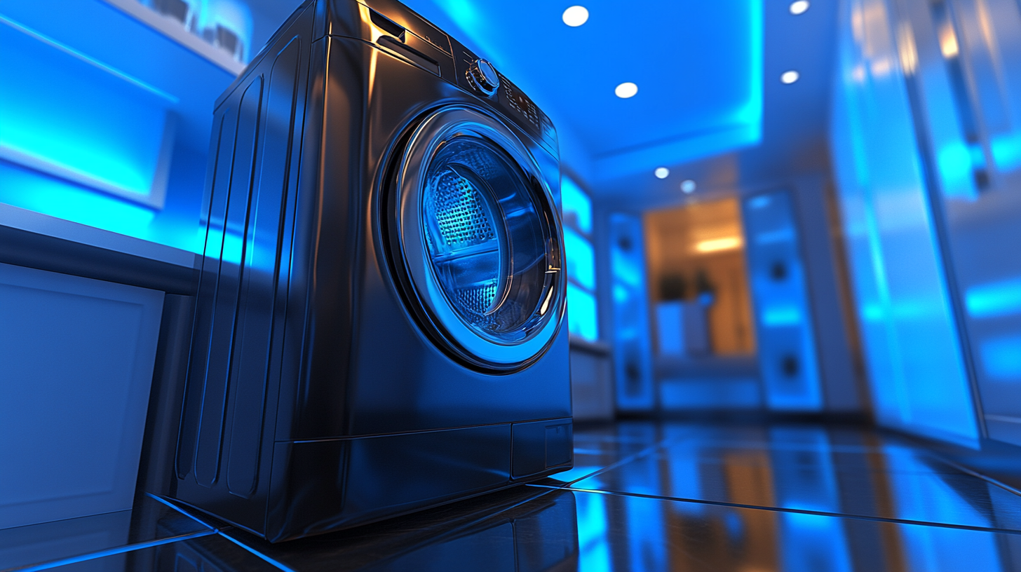 Modern washing machine on blue background