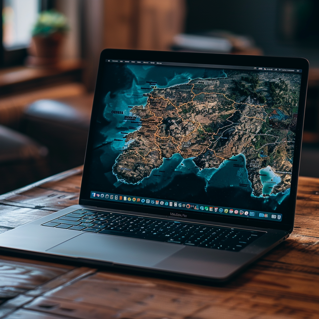 Macbook on modern wooden table with Iberian Map