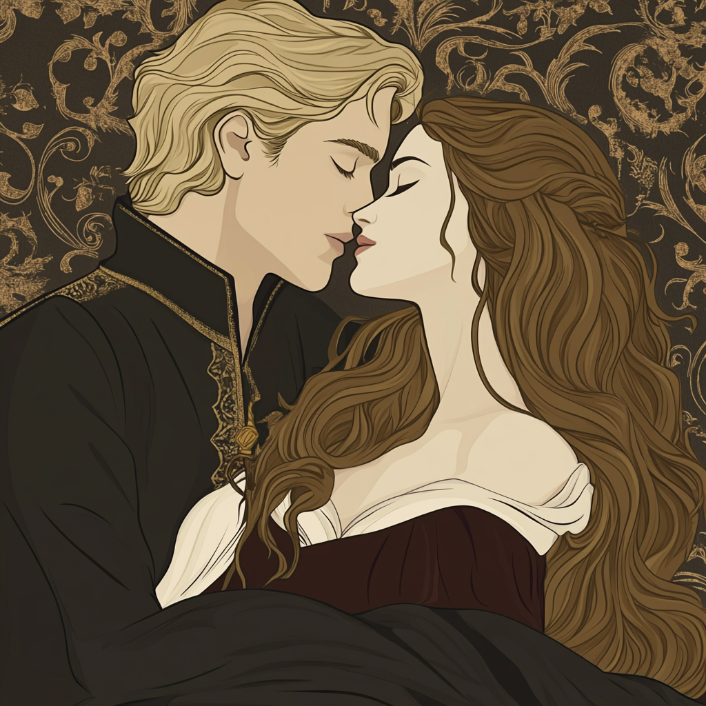 Sleeping prince being kissed by woman