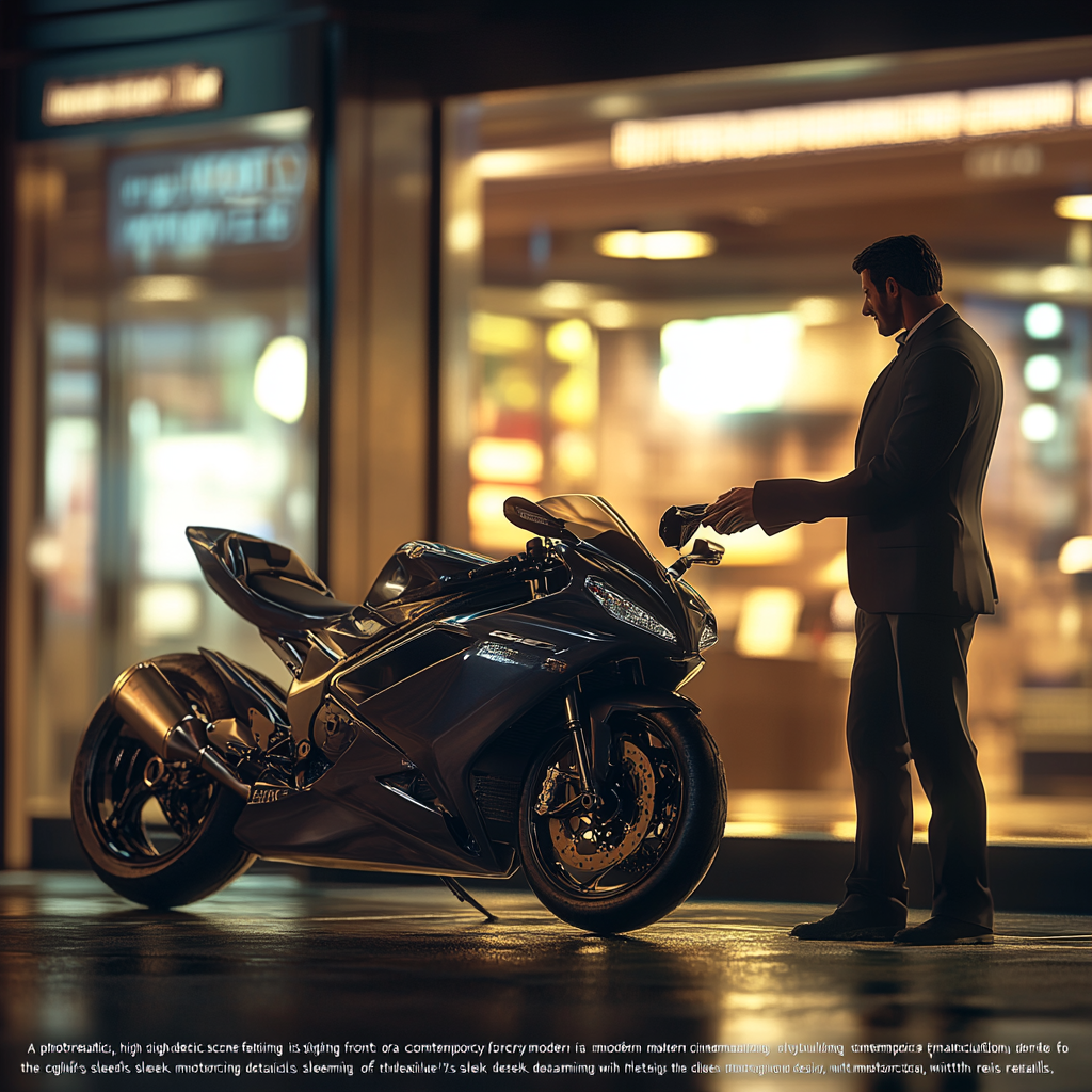 Sleek modern motorcycle parked outside office