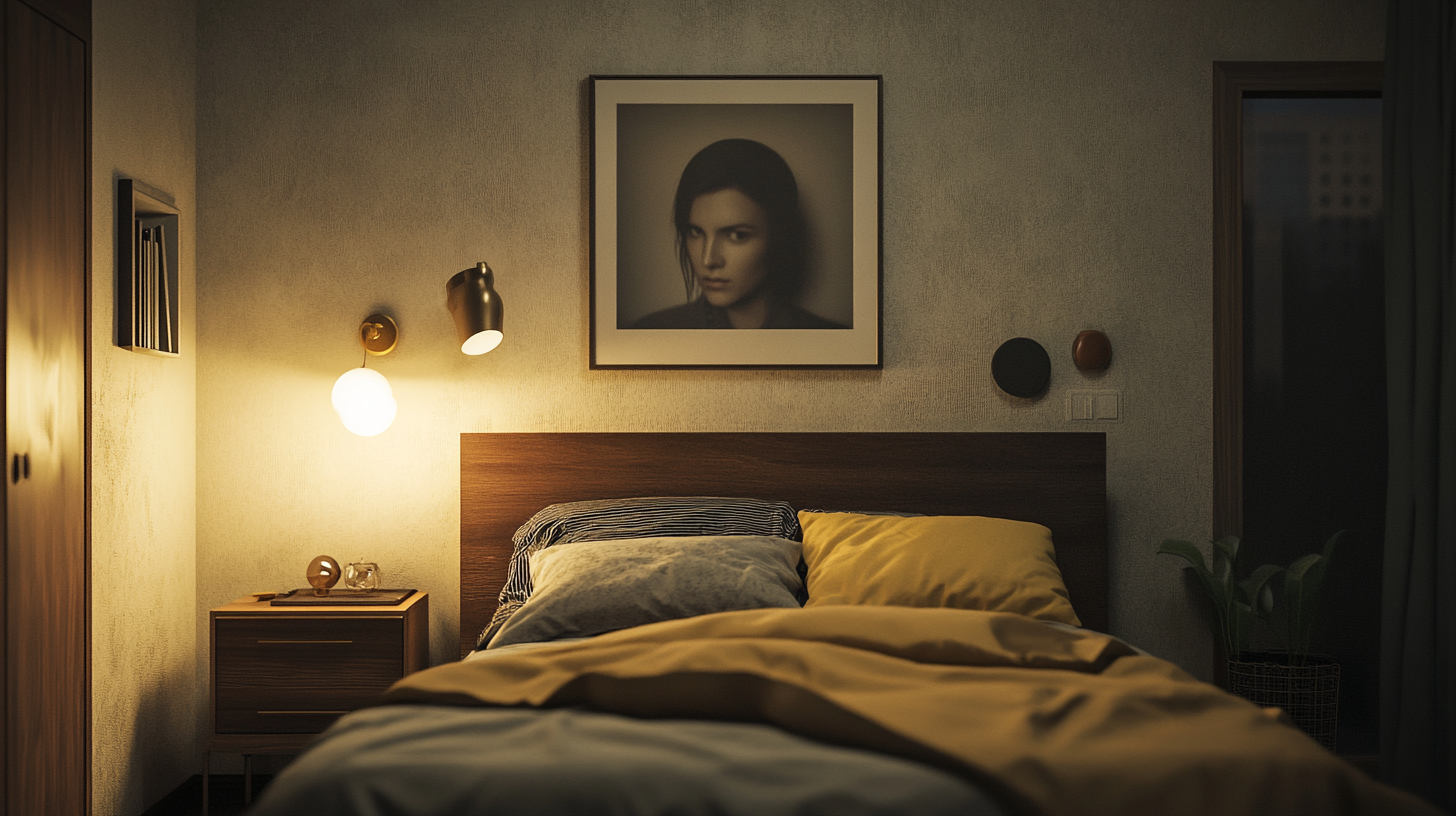 Neat bedroom with portrait wall picture