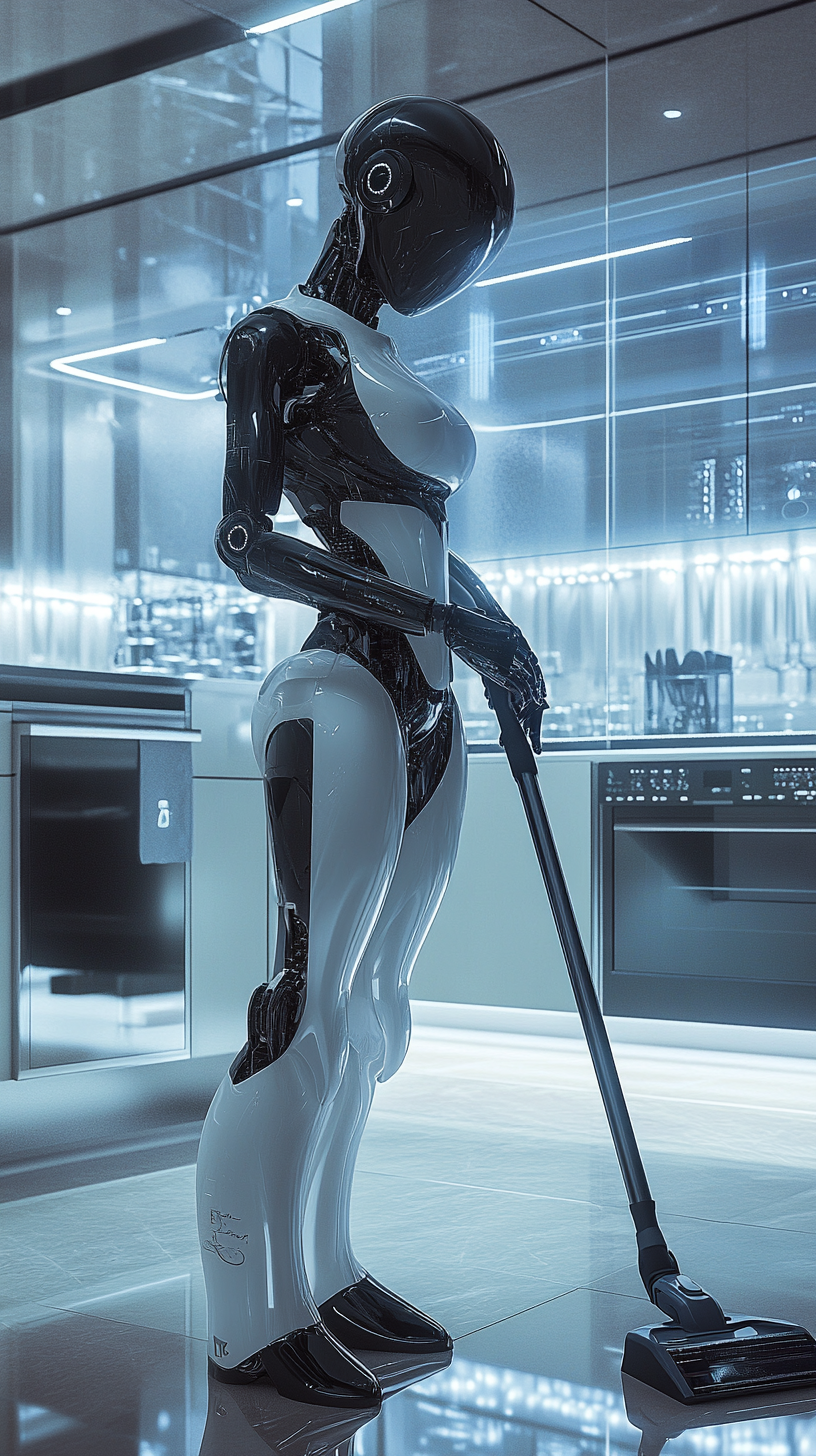 Stylish robot girlfriend doing housework