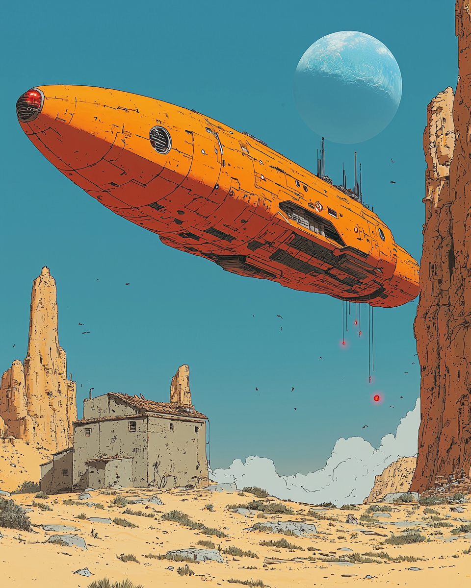 moebius concept art with hovering retro space craft house