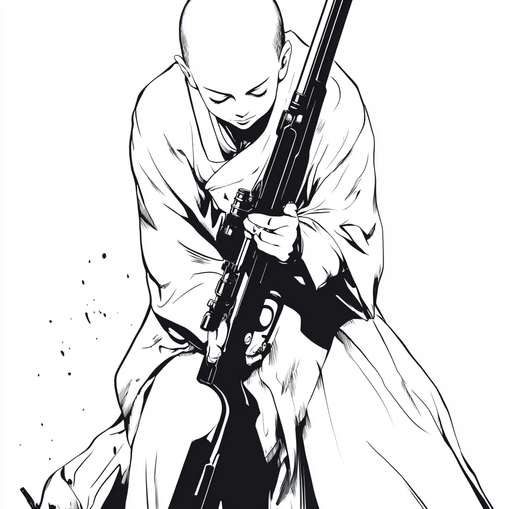 Monk in white robe with rifle