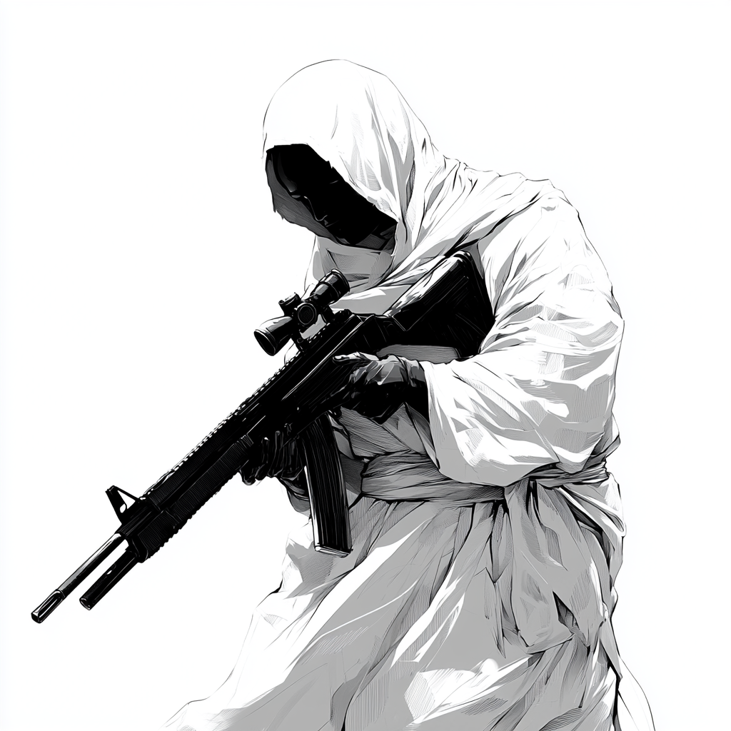 Monk holding rifle in white robe