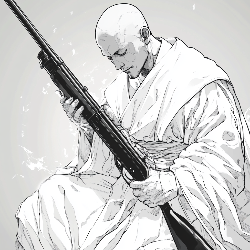 Monk Holding Rifle Drawing