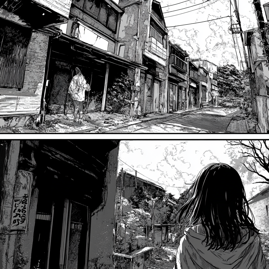 Monochrome manga graphic novel style