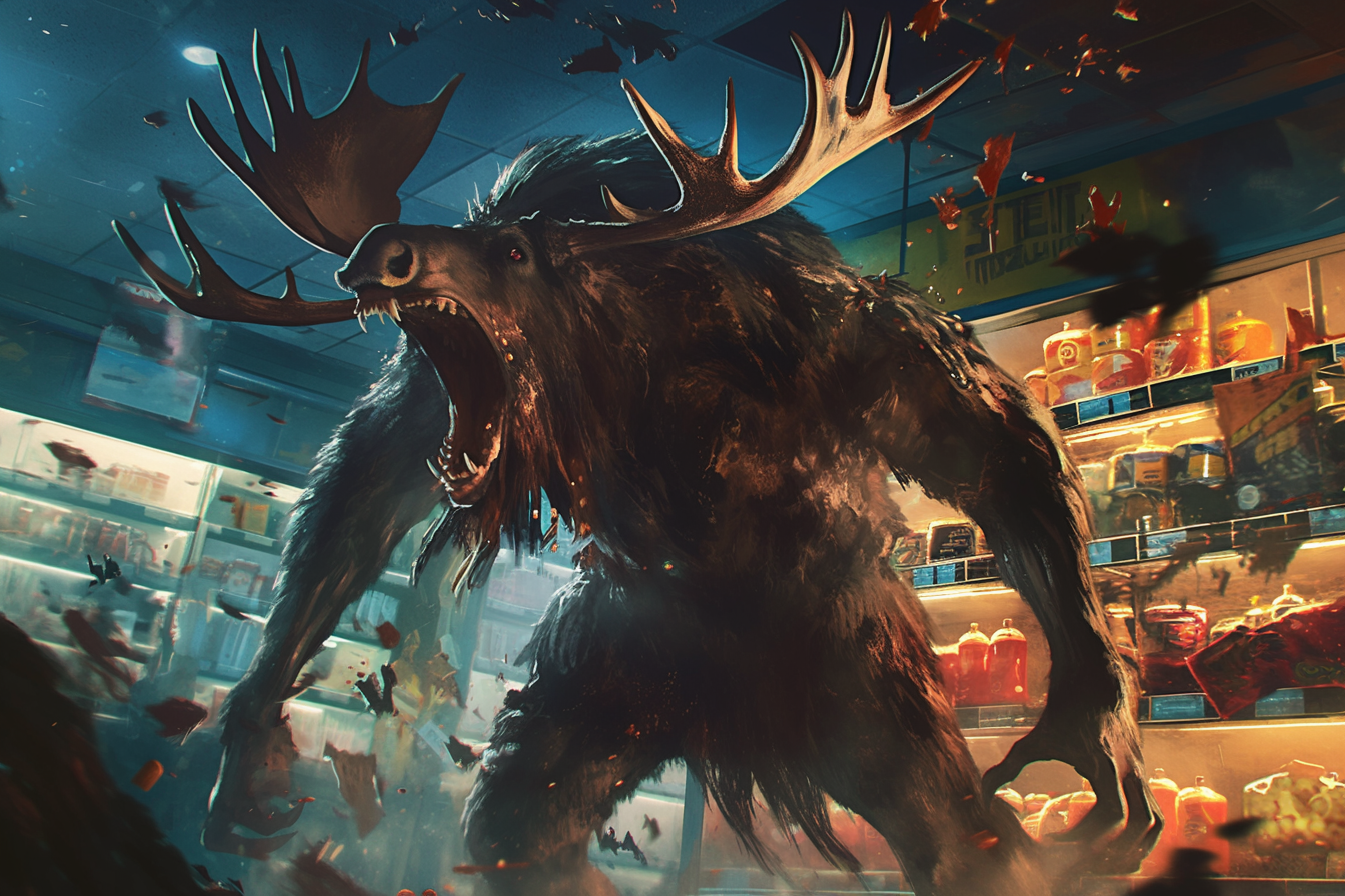 large monstrous moose in dark store