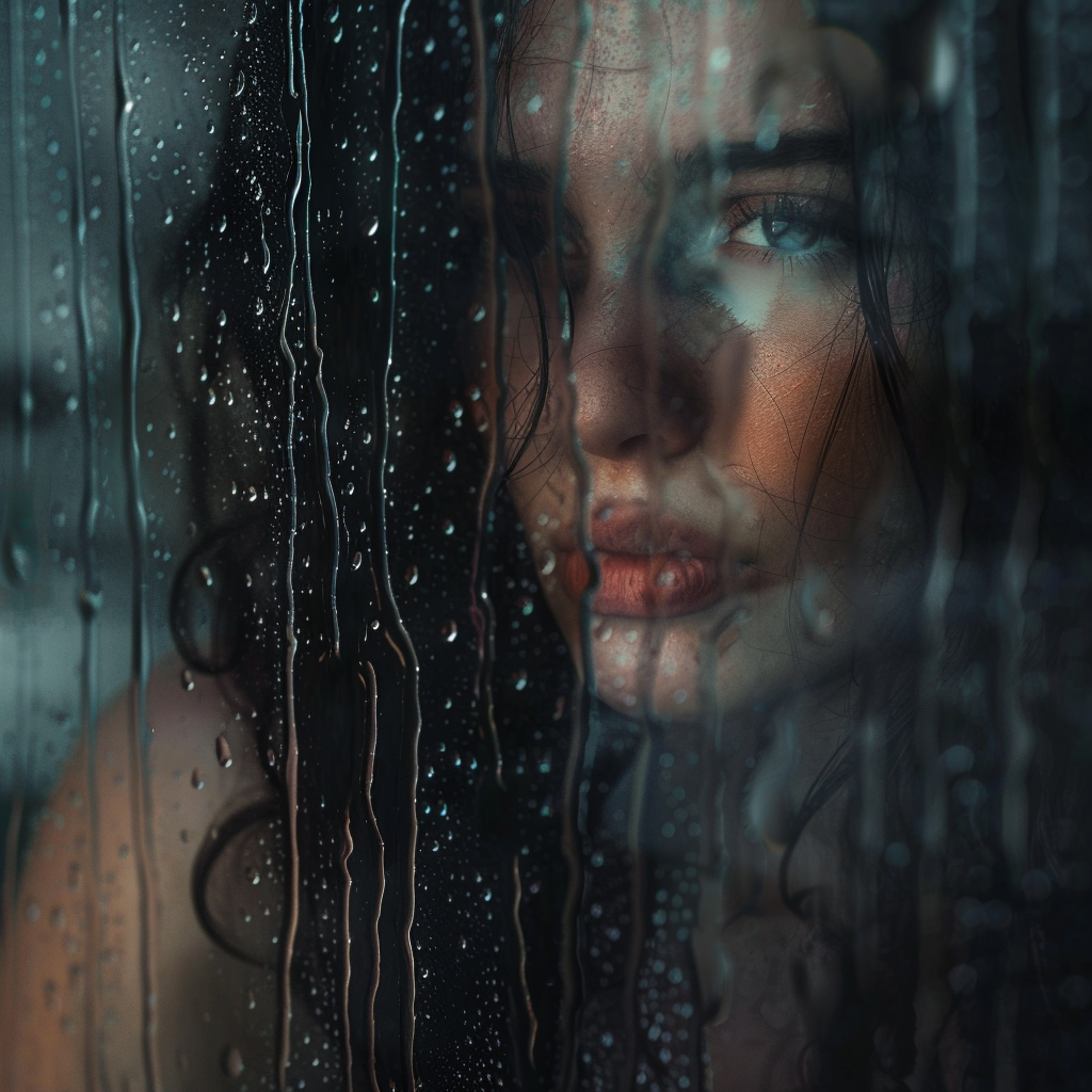 Woman Standing Rainy Window Reflection