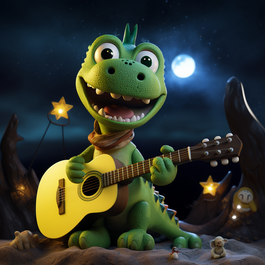 Cute green dinosaur under full moon