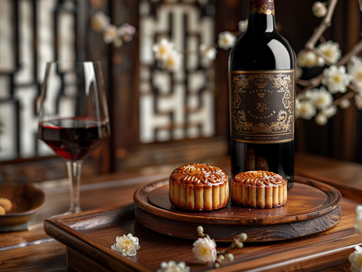 Mooncakes and Red Wine on Tray