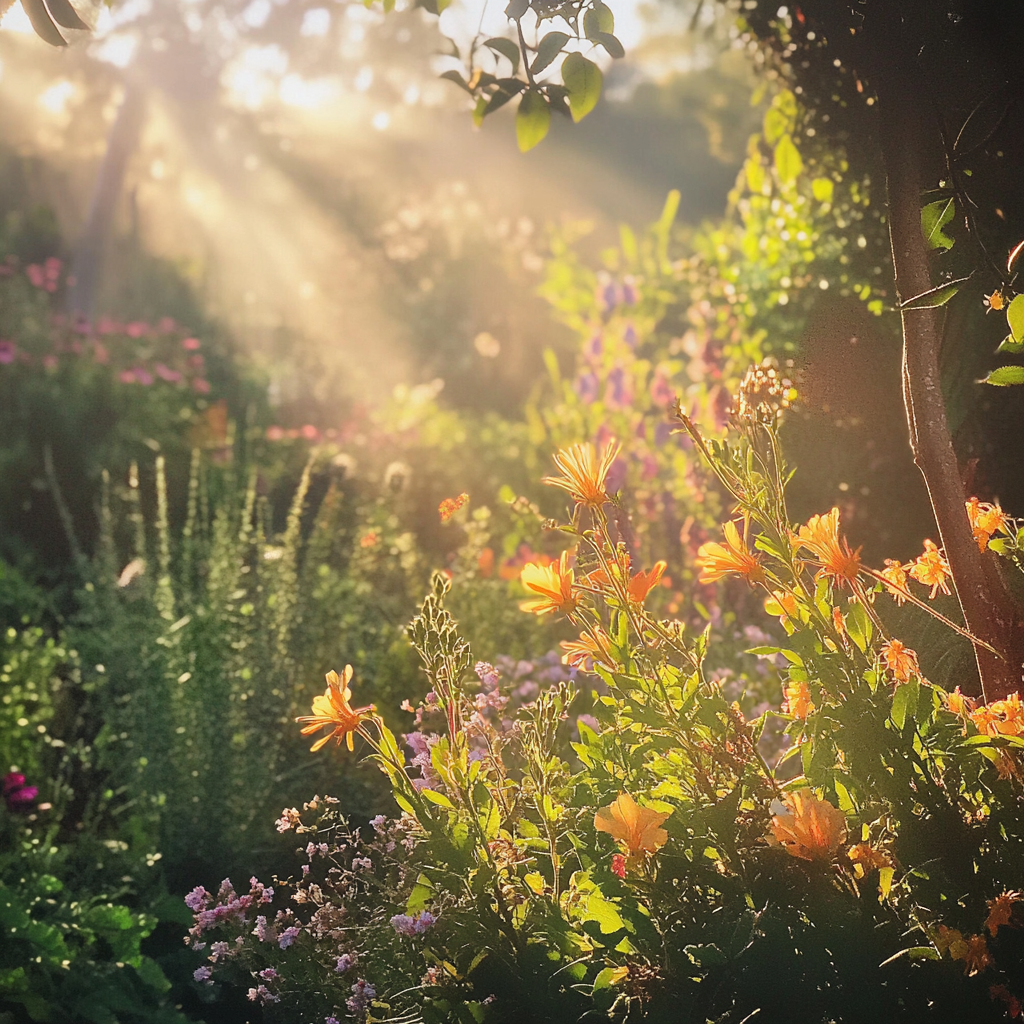 lush garden morning light flowers