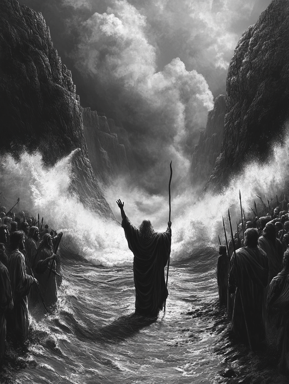 Moses splitting Red Sea with staff