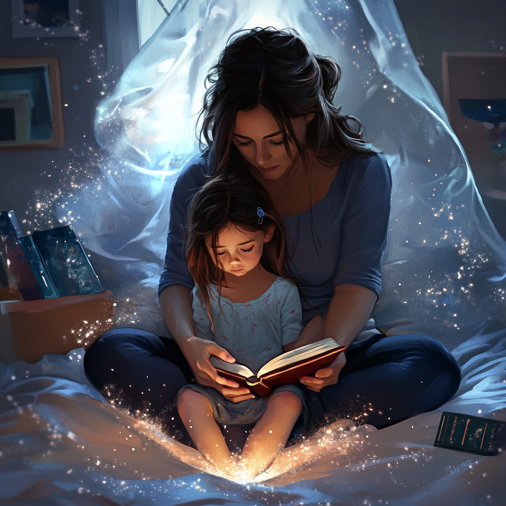 upset mother daughter bed illustration