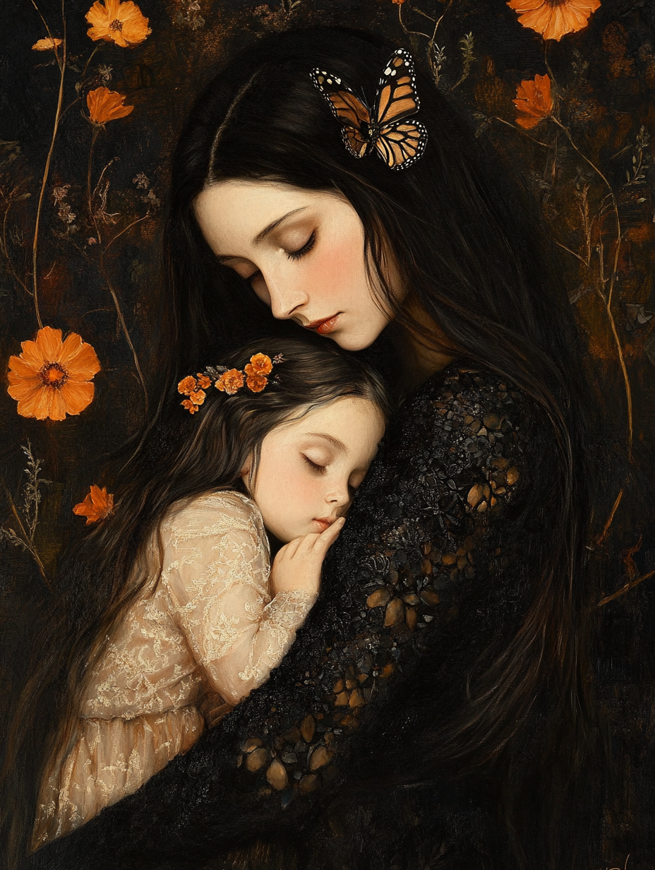 Mother Daughter Embrace Dark Painting