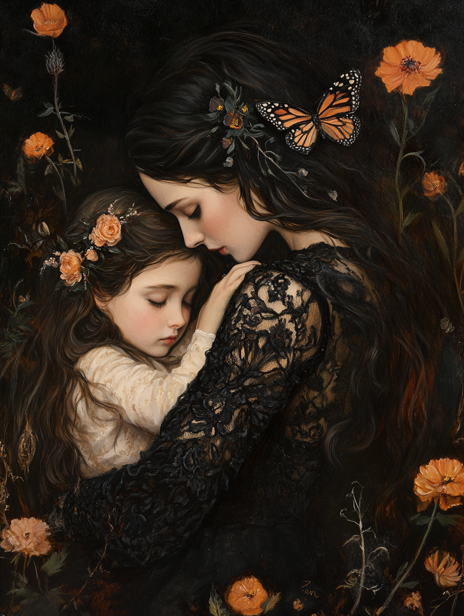 Mother Daughter Embrace Pre-Raphaelite Style Painting