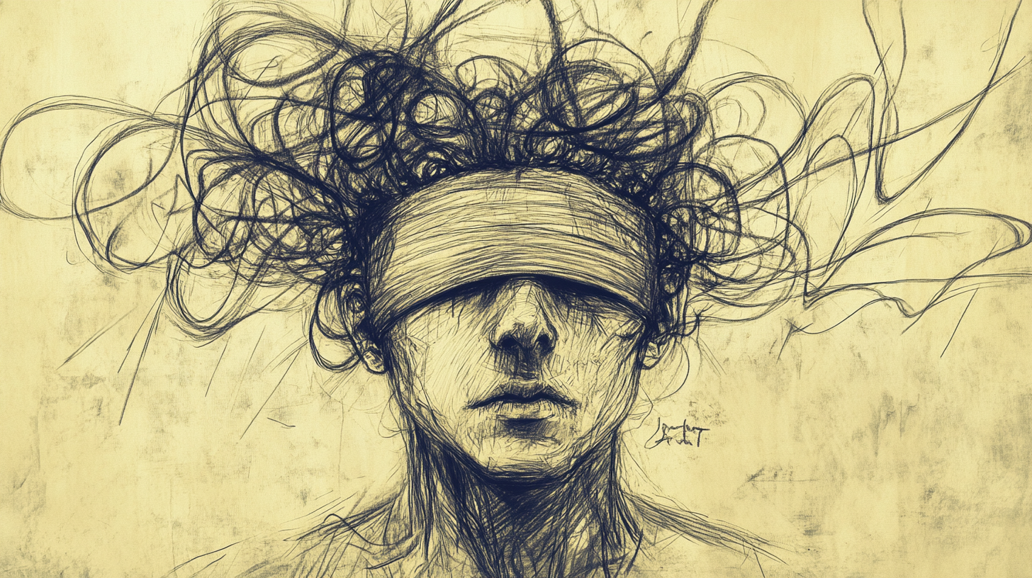 chaotic pencil sketch blindfold figure