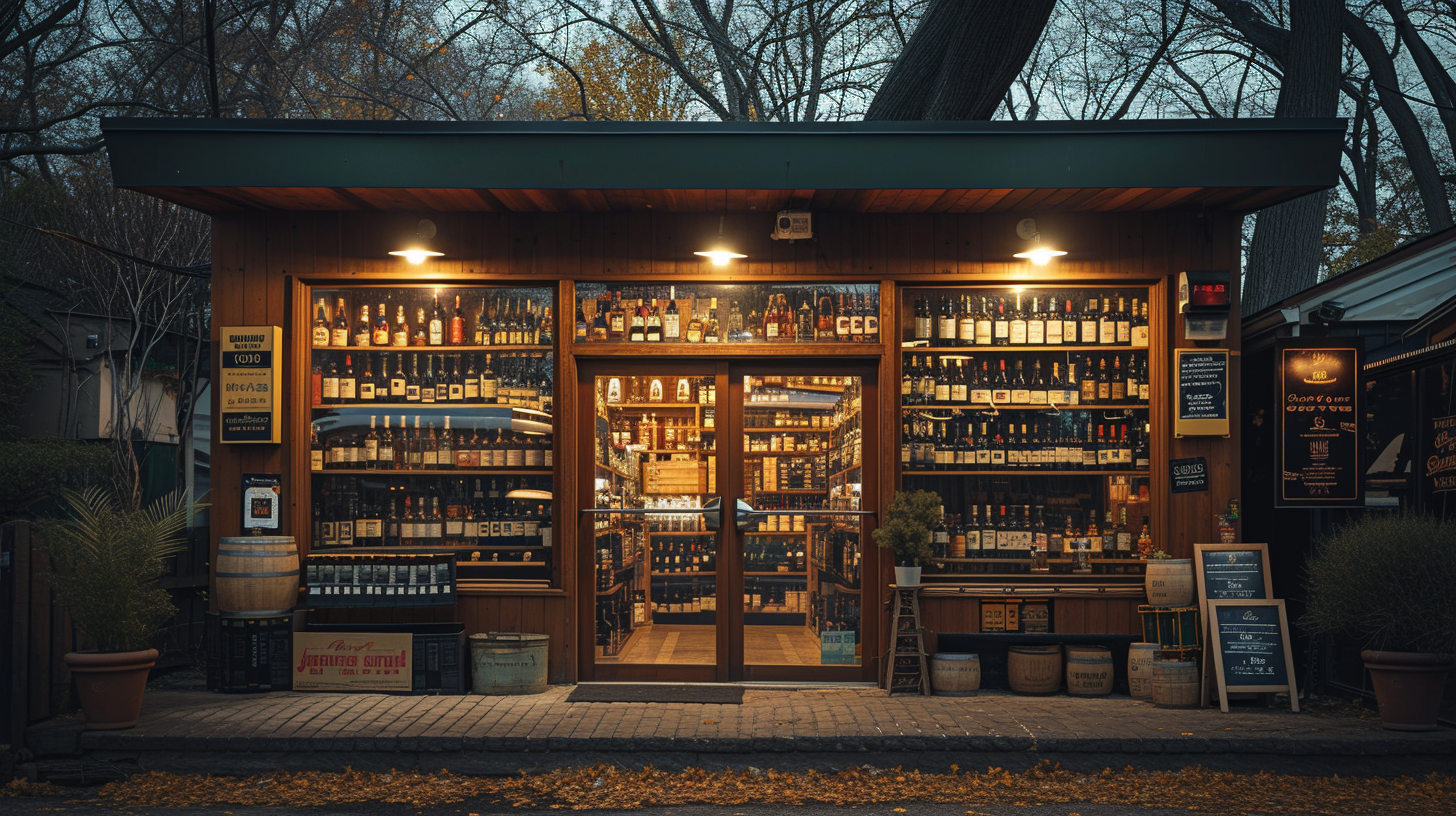 Neighborhood wine store exterior shot