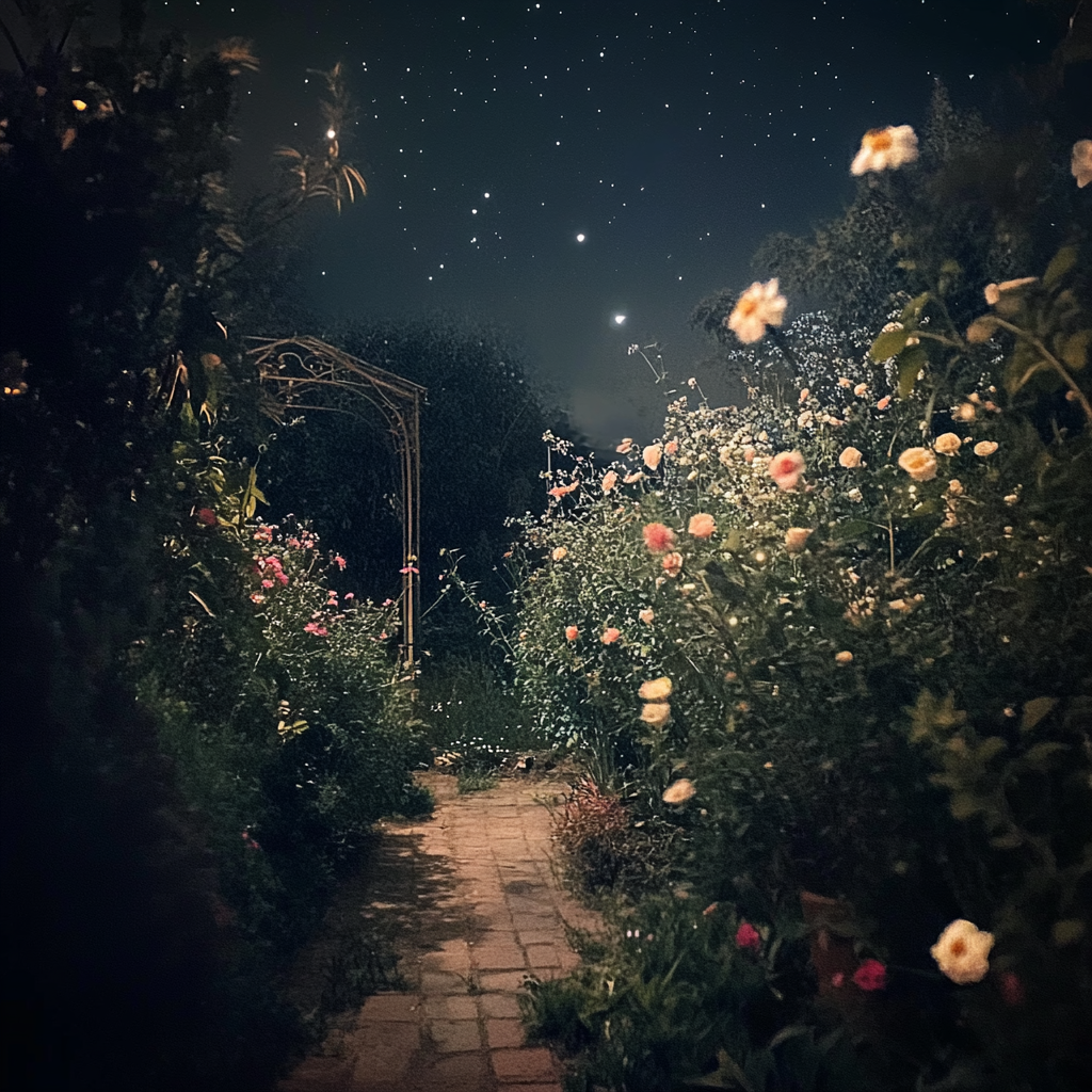 Night garden moon stars flowers