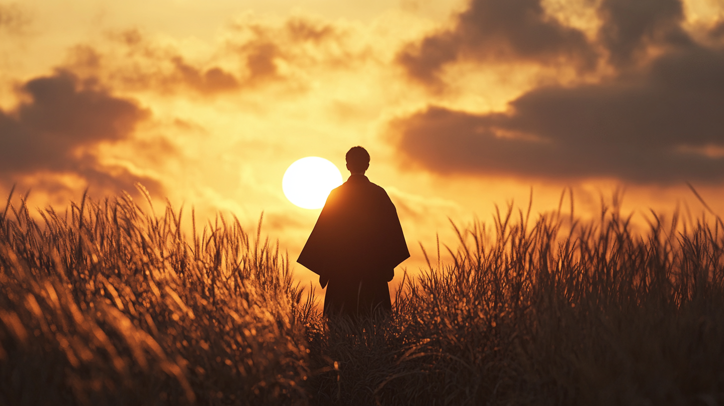 Nobleman in traditional Japanese robes at sunset