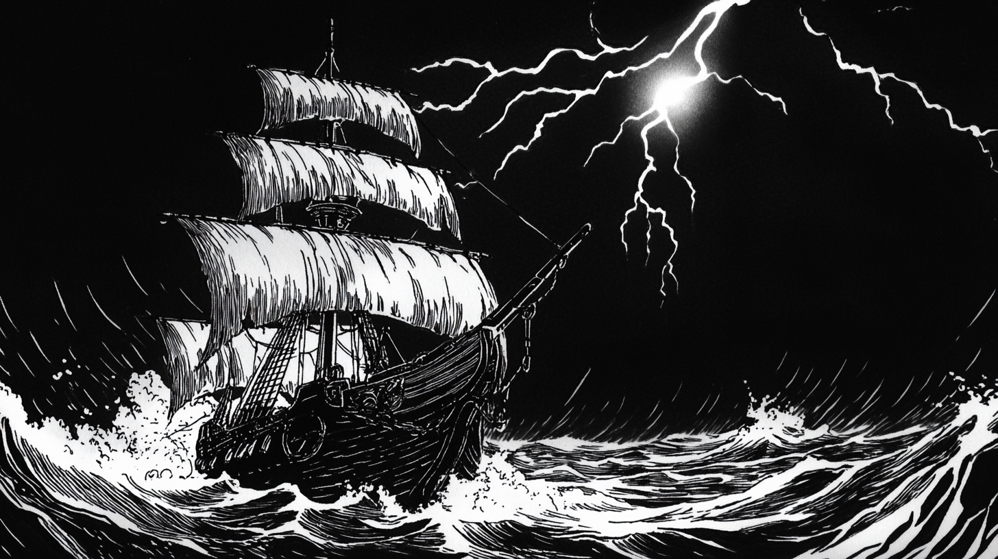 Black and white pirate ship storm