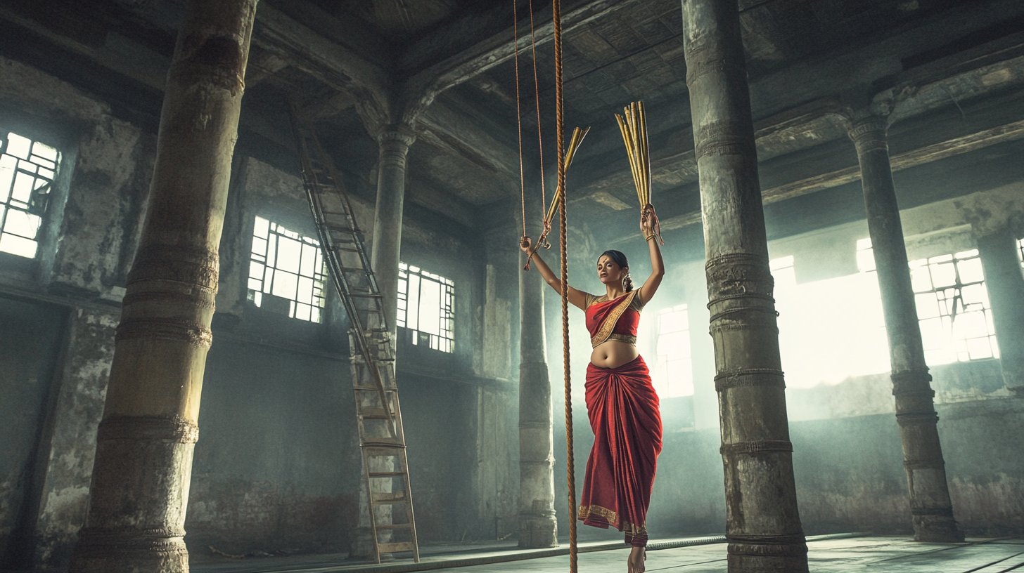 Lady practicing acrobatics in old warehouse