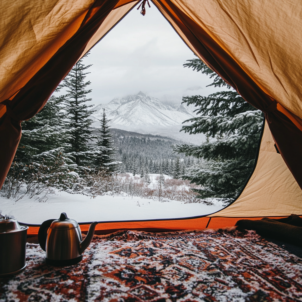 Snowy landscape inside orange tent